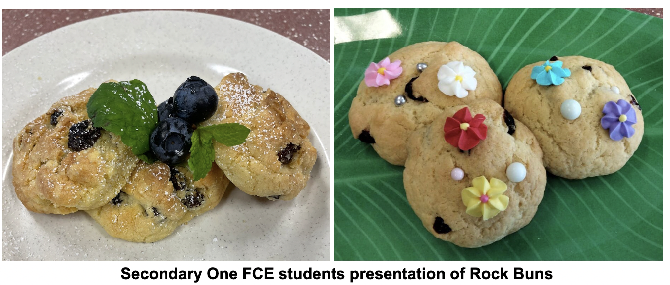 Two plates of rock buns: one topped with blueberries and mint, another on a leaf with colorful flower decorations.